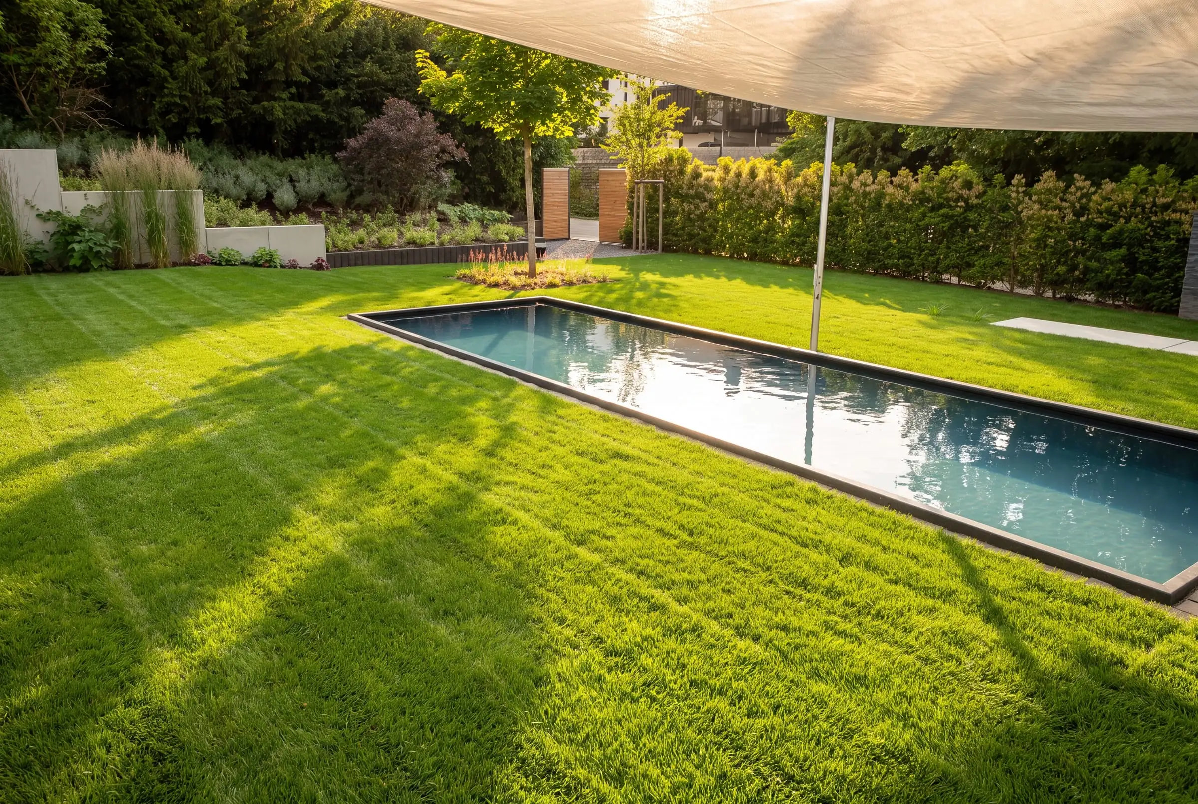 Angelegter Garten mit Pool und Rollrasen von Landschaftsbau Schneider